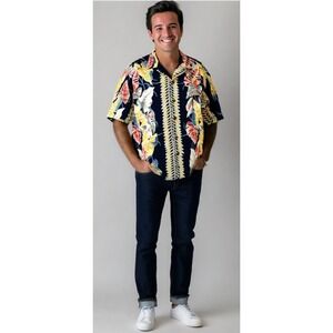 Mens Hilo Hattie Hawaiian Shirt Palm Tree Short Sleeve Button Blue Size Large